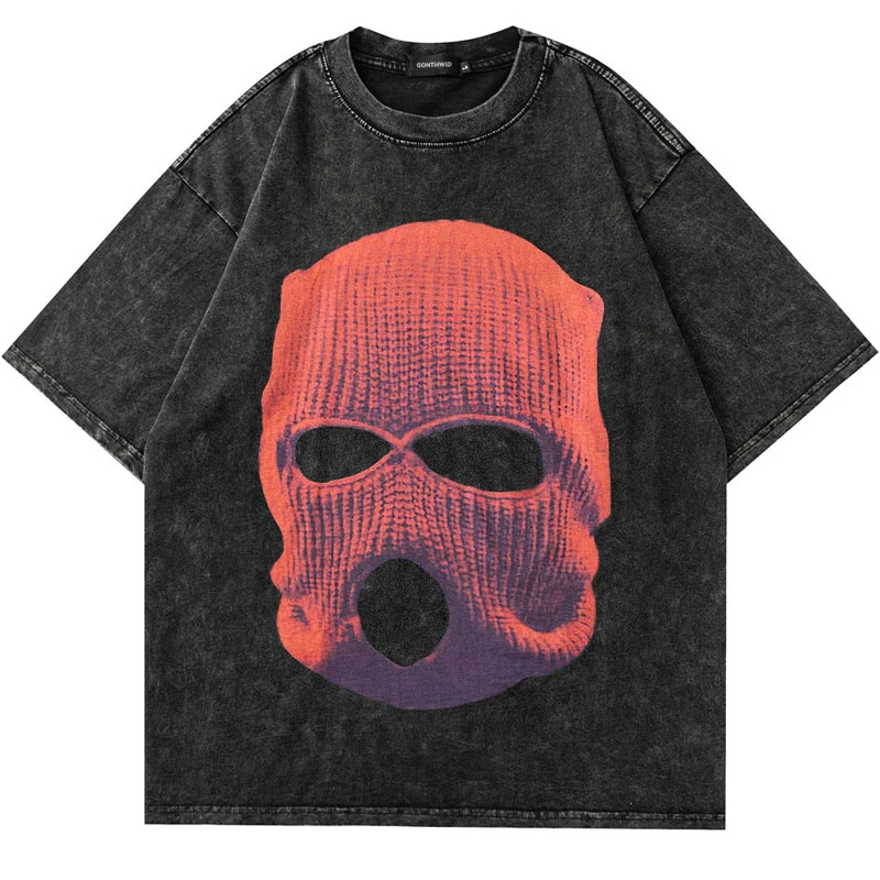 

Hip Hop T-Shirt Streetwear Vintage Balaclava Graphic Print Washed Tshirt Men Harajuku Fashion Punk Gothic Tee Shirts Summer Tops