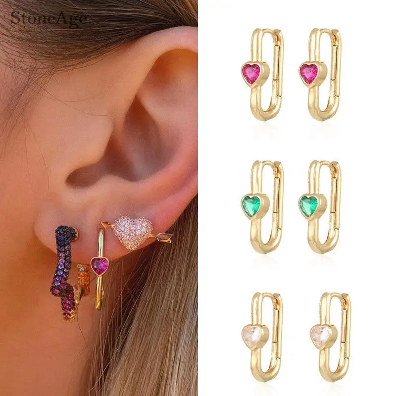 Cute Romantic Heart Hoop Earrings for Teen Girls Colorful Zircon Y2k Orbital Lobe Ear Piercing Women's Earing Jewelry KAE360