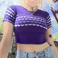 women heart print purple sweet knitted crop tops o neck contrast preepy style short tops summer girl chic slim casual t shirts