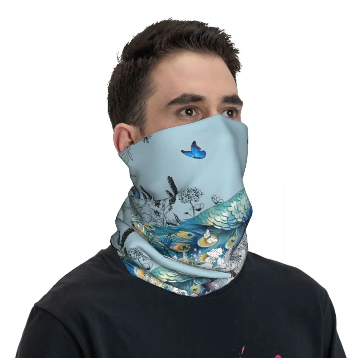 Красивый синий шарф с павлином шейный платок маска для лица полиэстер