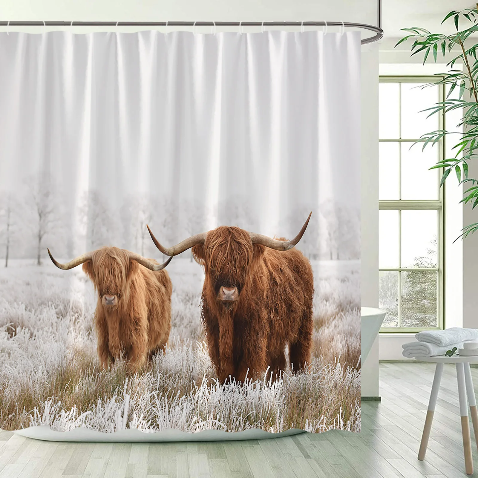 

Highland Cattle Shower Curtains Brown Farm Animal Cow Grassland Nature Scenery Bath Curtain Fabric Home Bathroom Decoration Sets