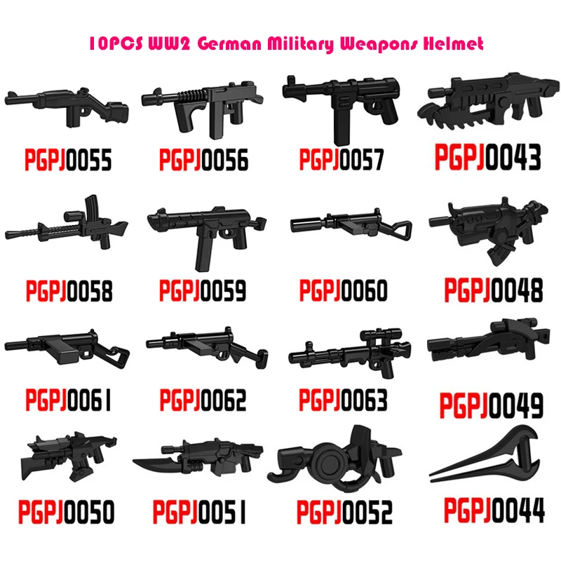 

10PCS Moc WW2 German Military Weapons Helmet Armor Construction Set For Children Submachine Gun Constructor Sci-fi Weapons Toys