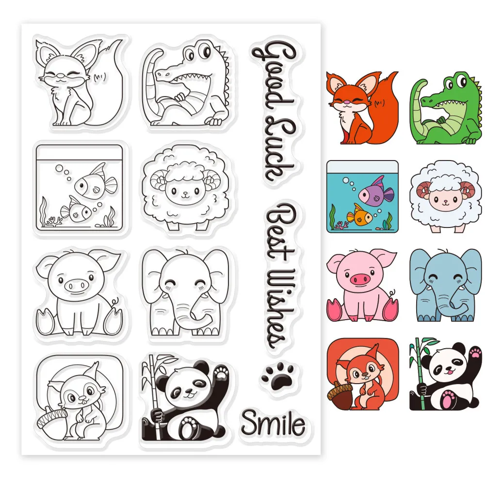 

1 лист мультяшных животных прозрачные штампы лиса Аллигатор белка панда силиконовые прозрачные штампы уплотнения для изготовления открыто...