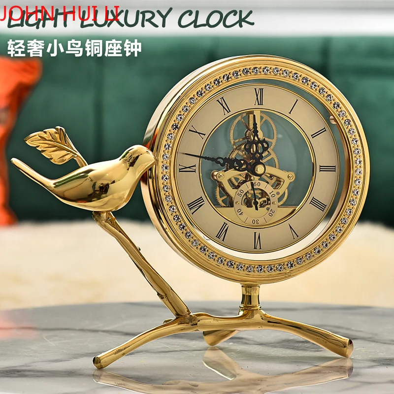 

Luxury Creative Fashion Pure Copper Clock American Modern Simple Living Room Desk Clock Bird Copper Clock