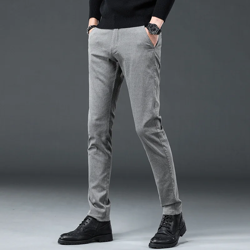 

2022 Spring New Casual Pants Men Fashion Check Pants Straight Fit Mid Waist Elastic Trousers Male Brand Cotton Clothes