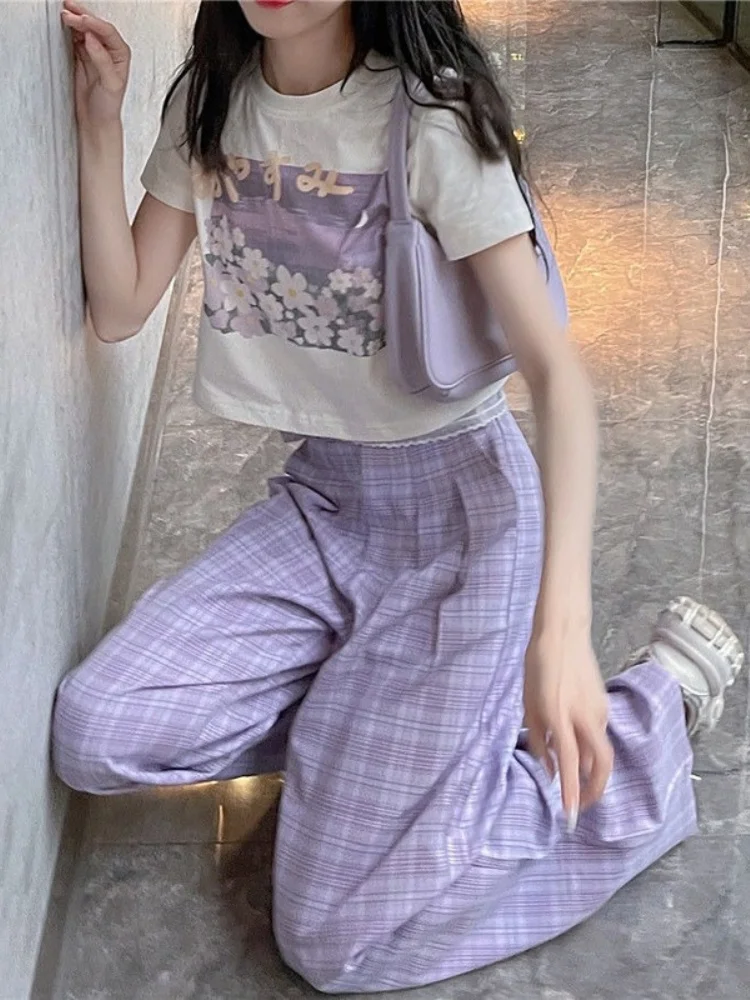 

Houzhou корейские модные фиолетовые клетчатые брюки для женщин кавайные мягкие женские брюки большого размера с высокой талией и широкими штанинами в клетку для женщин