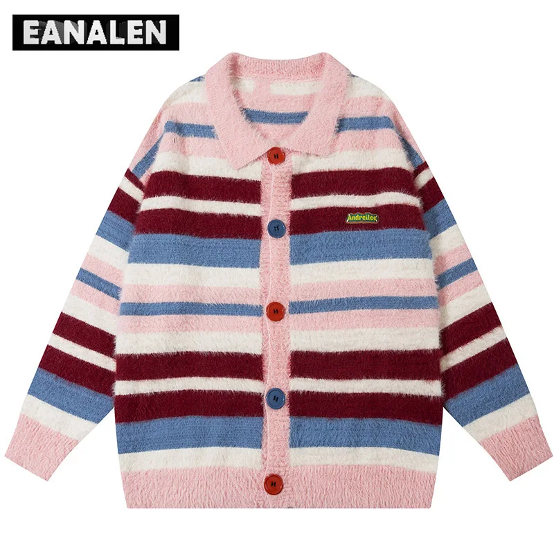 

Harajuku Vintage Pink Striped Lel Cardigan Women's Winter Oversized Knitted Cardigan Jacket Jumper Casual Grandpa Ugly Sweater
