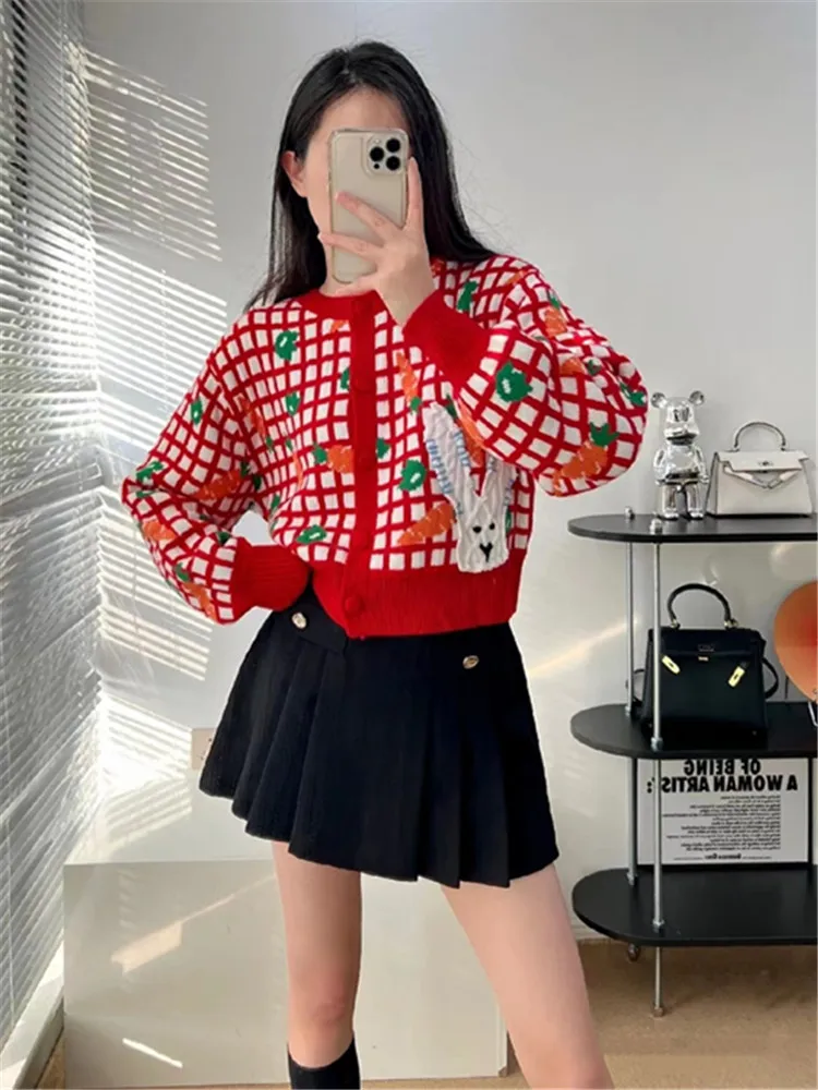 

COS LRIS spring new women's fashion sweet round neck long-sleeved plaid carrot pattern jacquard knitted short coat 0021/506