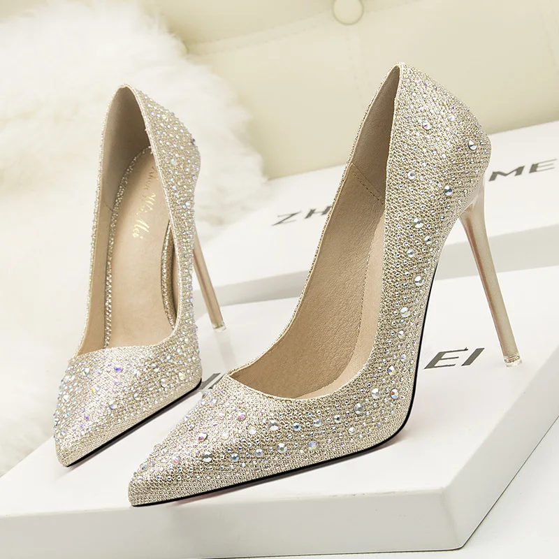 Women Fashion Sweet Delicate Elegant Stiletto Heel High Shoes Low-Cut Slimming Pointed Heel Colorful Crystals Rhinestone Wedding