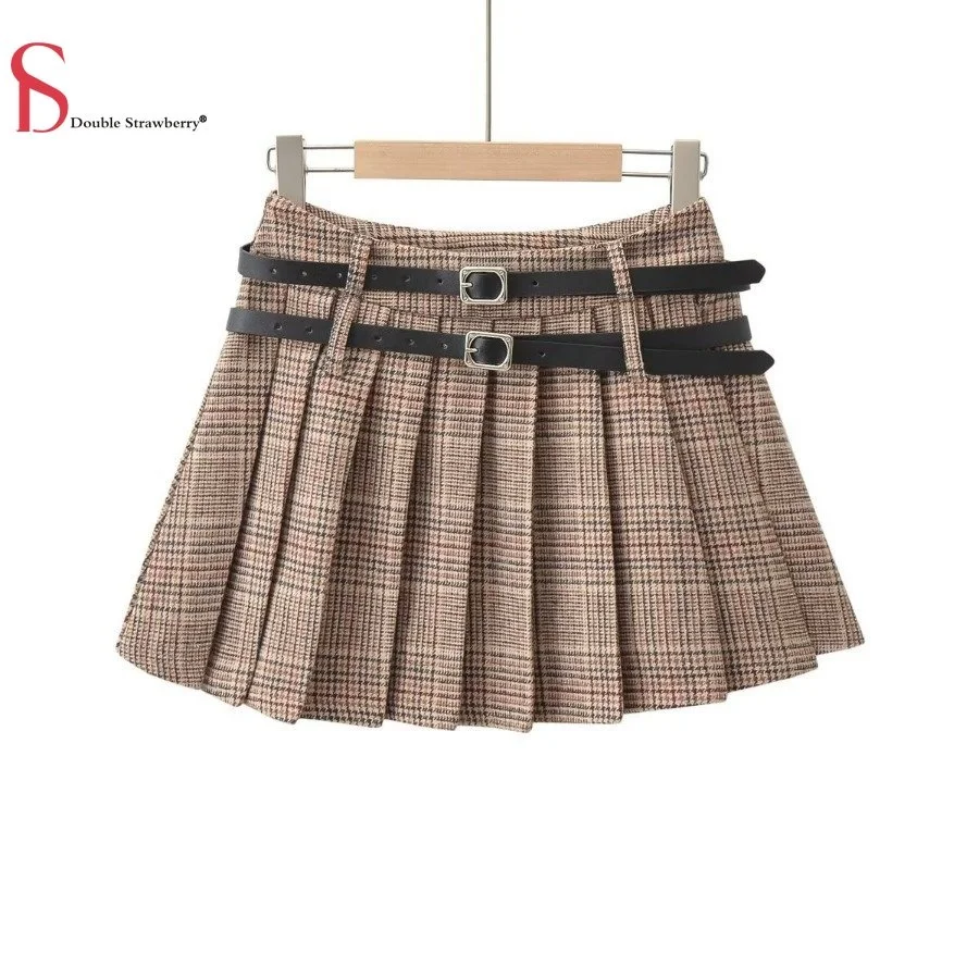 

Plaid Double Belt Pleated Autumn and Winter Women's New Anti Slip Spice Girl Skirt