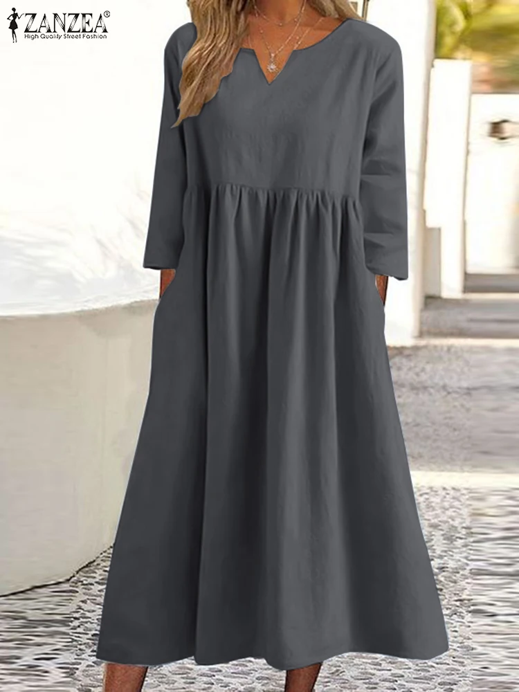 

Summer Vintage V Neck 3/4 Sleeve Solid Midi Dress 2023 ZANZEA Women Elegant Casual Holiday Party Sundress Robe Femme Vestido