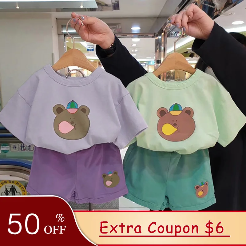 

Комплект из 2 предметов с принтом медведя для девочек, летний Пижамный костюм с коротким рукавом, милая детская одежда, женская одежда, 2022