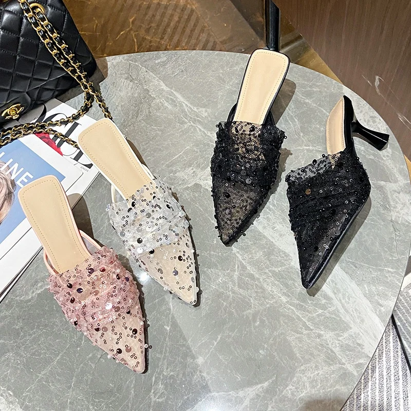 Женские сетчатые шлепанцы на тонком высоком каблуке Блестящая декоративная