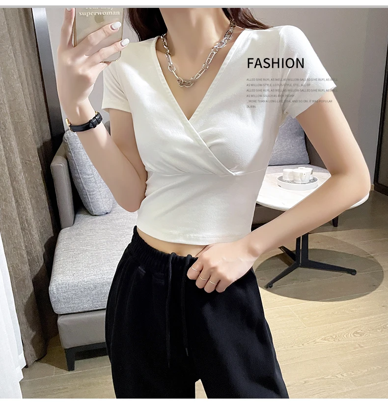 

Короткий топ GG0106 с V-образным вырезом, женская футболка, женский дизайн с коротким рукавом, нишевая с низкой грудью, высокой талией, открытым ...