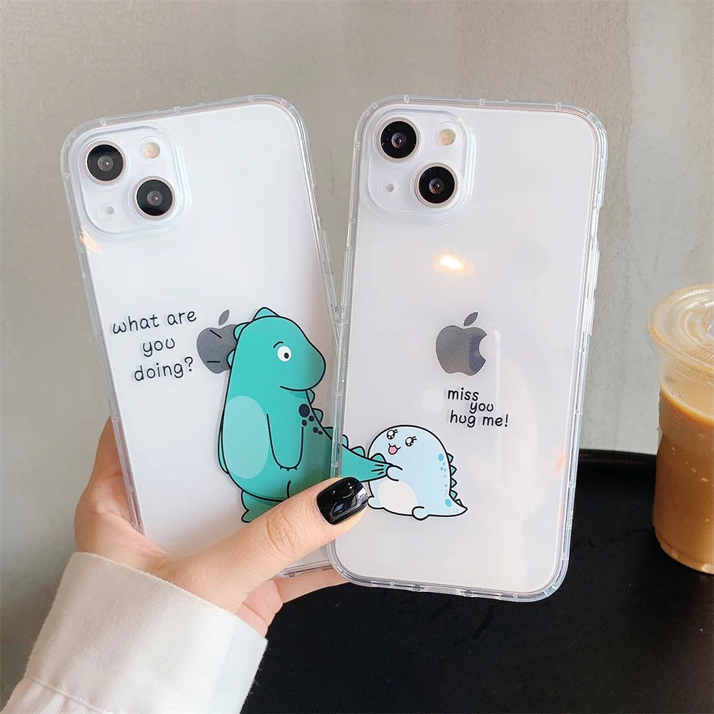 Cute Couples Dinosaur Silicone Cover For iPhone 12 13 Mini 11 14 Pro Max X XR XS 7 8 6 6s Plus 5 5s SE Soft TPU Shockproof Case