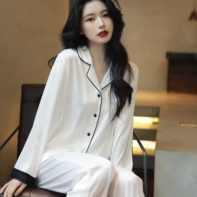 Spring, summer and autumn sexy noble lace long-sleeved silk pajamas women's cardigan thin ice silk outer wear fashion home cloth