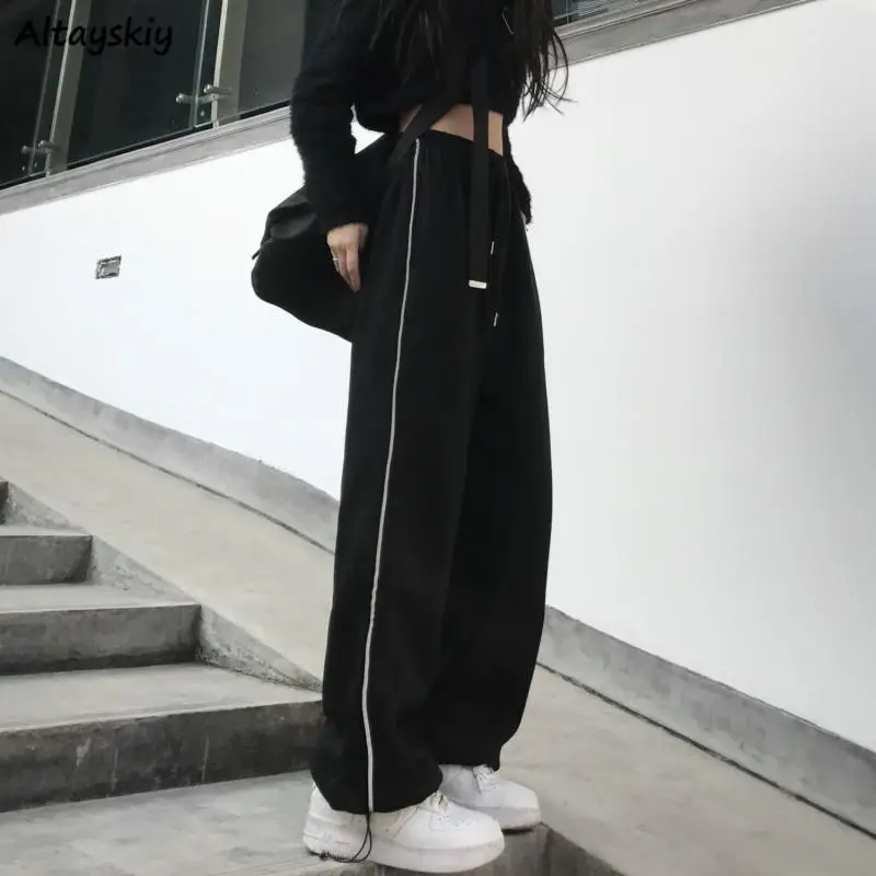 

SUO&CHAO Women's Clothes High Waist Baggy Pants Streetwear South Korea Fashion Solid Color Stripe Women's Drawstring Leggings