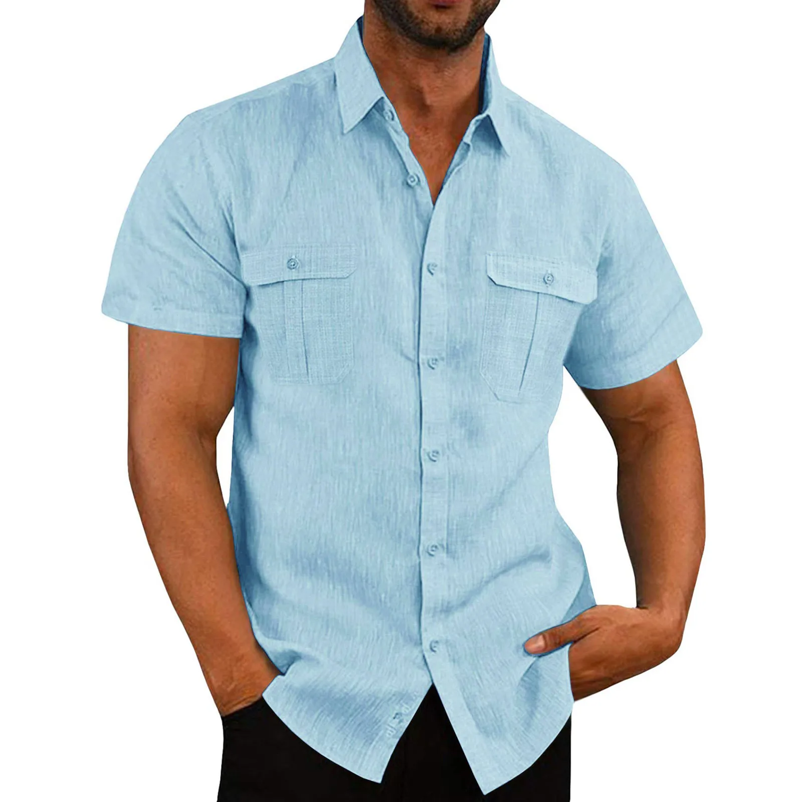 

2022 new men's casual shirts cotton linen loose tops short-sleeved shirts double pockets casual tops handsome men's shirts