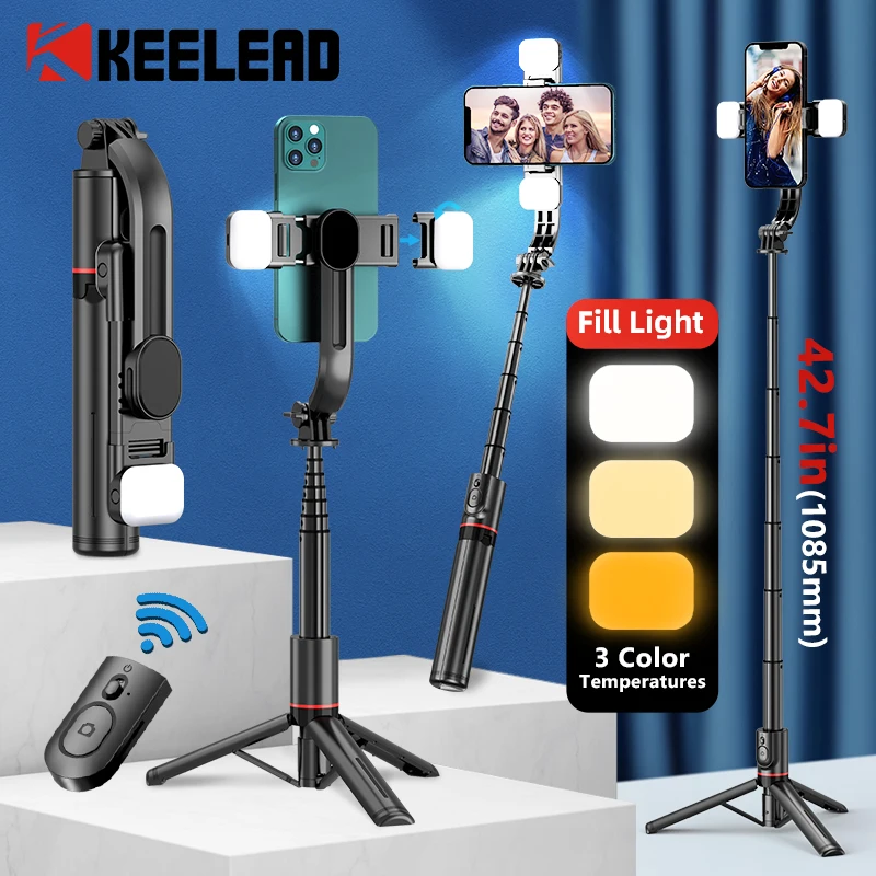 

2023 New L12d Foldable Wireless Bluetooth Selfie Stick Tripod with Remote Shutter Fill Light Aluminum Alloy Selfie Stck