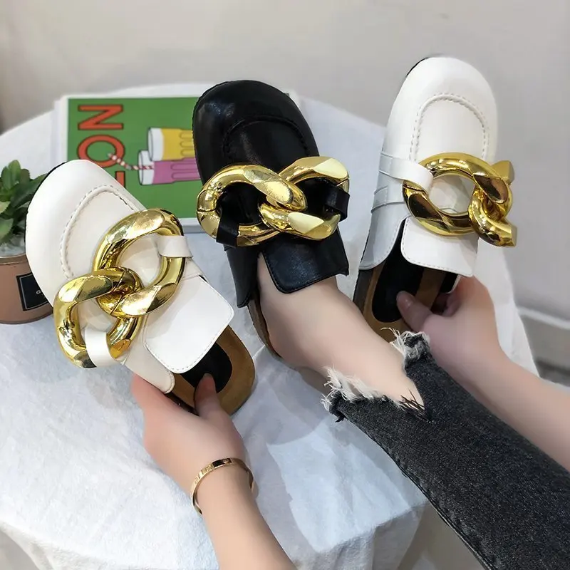 

2022 Ladies Slippers Gold Chain Closed Toe Non-slip Muller Shoes Round Toe Low Heel Casual Slippers Flip-Flops Women's Shoes