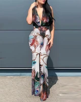sexy summer 2022 new arrival women v neck polyester printing long dress woman dress