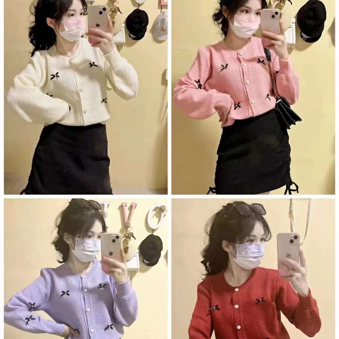 

ROENICK Women's O-neck Bow Short Sweaters Cardigans Open-stitch Long-sleeve Knitted Tops Korean Style Loose Sweet Jumpers Coats