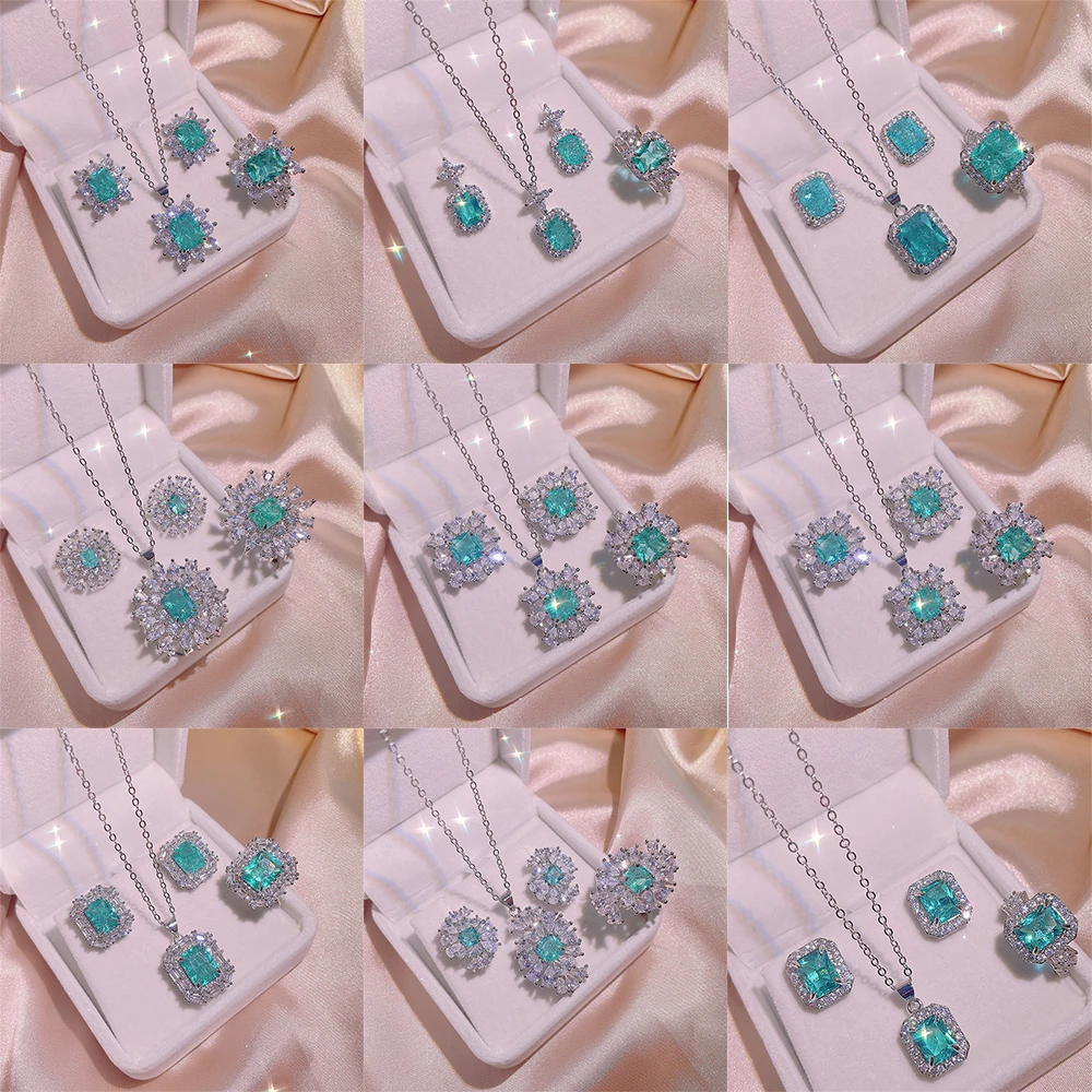 New Jewelry Three Piece Set For Women Luxury AAA Green Zircon Geometric Shape Ring Necklace Earrings Party |