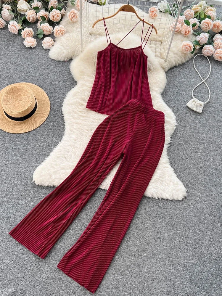 

Summer Women Pleated Set Sexy Spaghetti Strap Camis Tops + High Waist Wide Leg Loose Pants Casual Red/Yellow/Brown Suits New