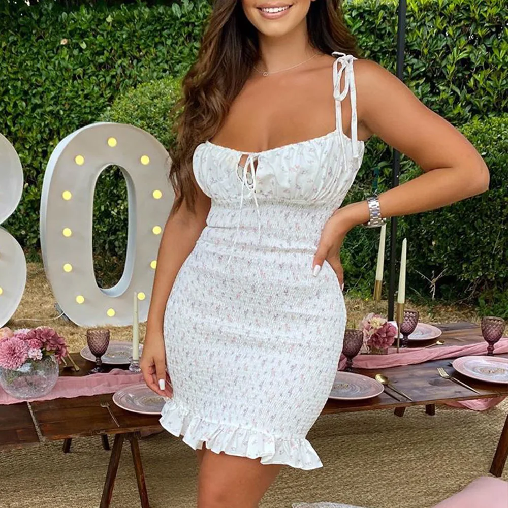 White Women Dress Stretch Floral Bodycon Mini Dresses Lace Up Pleated Spaghetti Strap Cute Ruffle Fashion Vestido