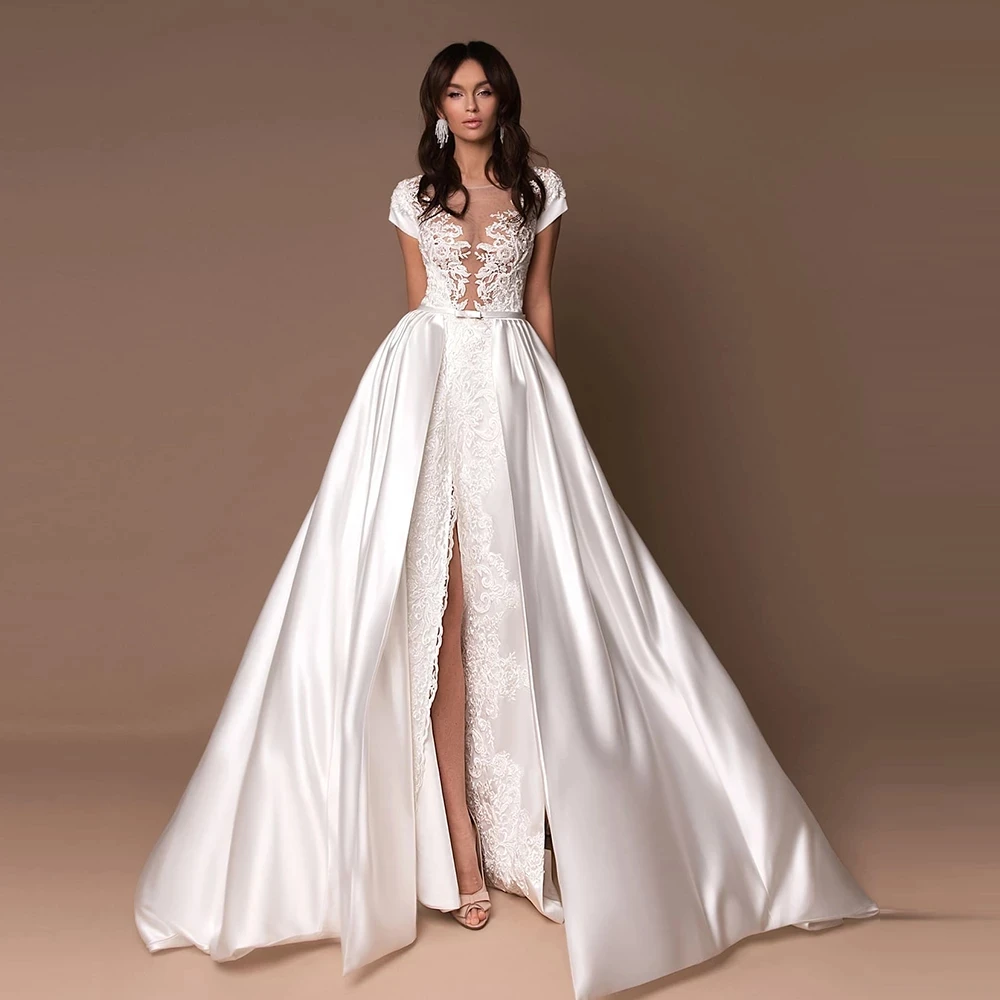 

A-Line Wedding Dress v-Neck Lace Sexy Ivory White Short Sleeves Back Zipper Vestido De Novia B Custom Made Civil Robe De Mariee