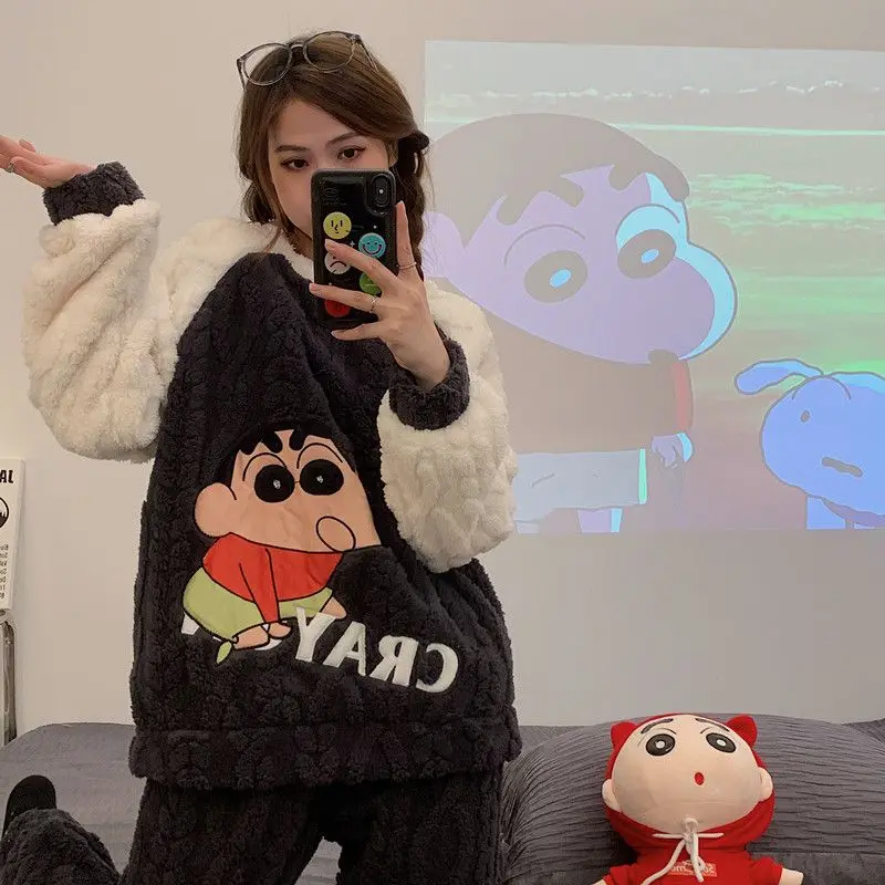

Kawaii Crayon Shin-Chan Anime Hobby Autumn and Winter Coral Fleece Pajamas for Women with Thickened Facecloth Warm Home Wear Set