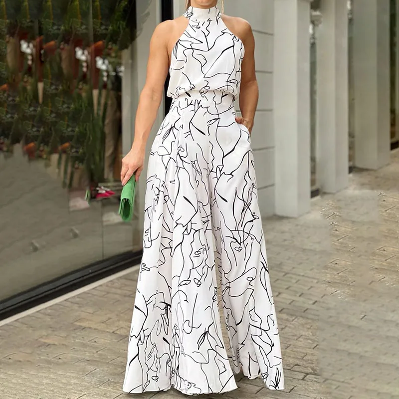 Fashion Jumpsuit Bodycon Side Pockets Wide Leg Pants Printed Halterneck Sleeveless Summer Holiday Tops for Women 2023 Vestido