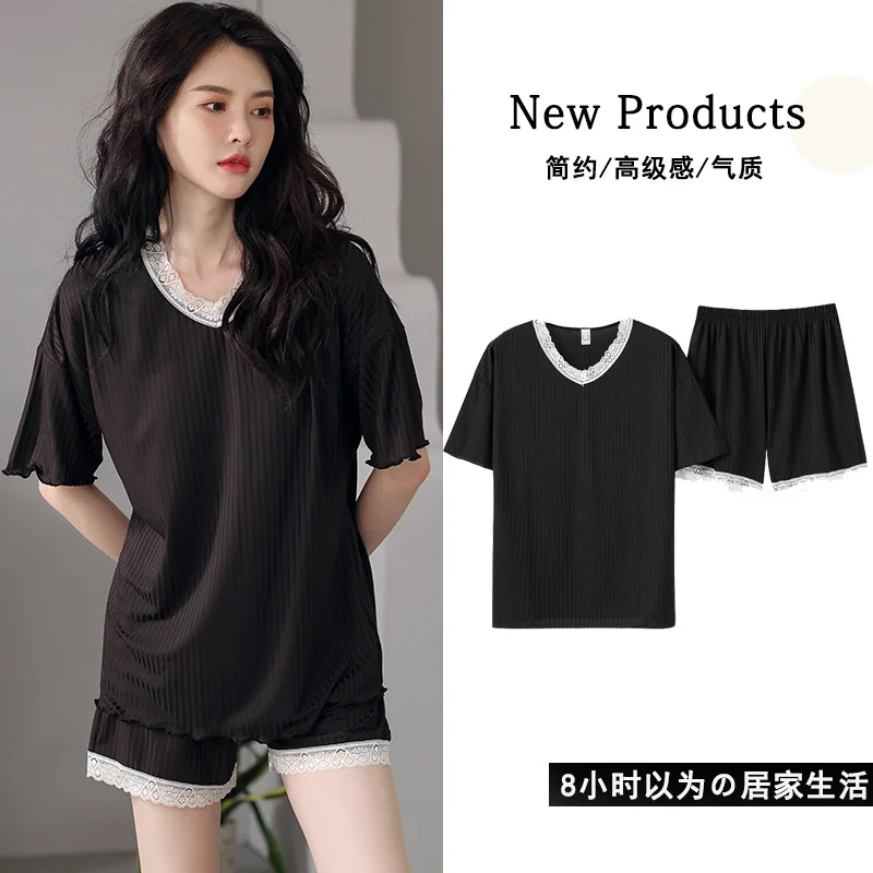 

2 Pieces Set Korean Homewear Modal Soft Ice Silk Sleep Tops Pants Pijamas Set For Women pyjama pour femme conjunto femenino