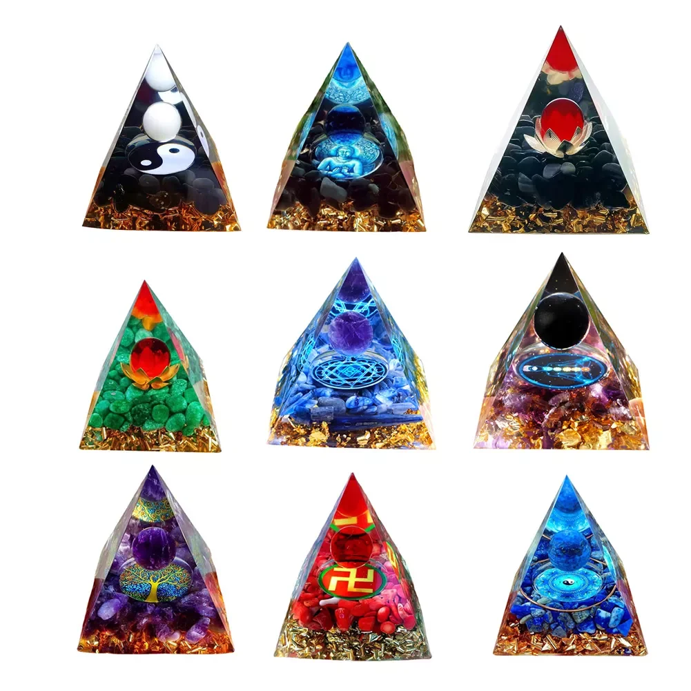 

Natural Stones Crystal Orgonite Pyramid Amethyst Peridot Energy Generator Reiki Chakra Lucky Healing Meditation Tool Home Decor