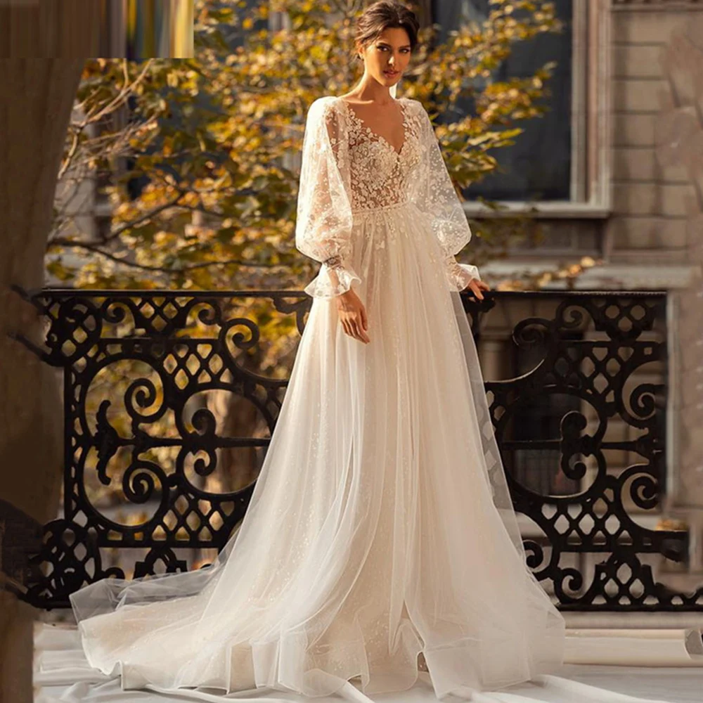

A-Line Bridal Gowns 2022 V-Neck Long Puff Sleeves Button Wedding Dresses Backless Lace Appliques Sweep Train Vestido De Noiva