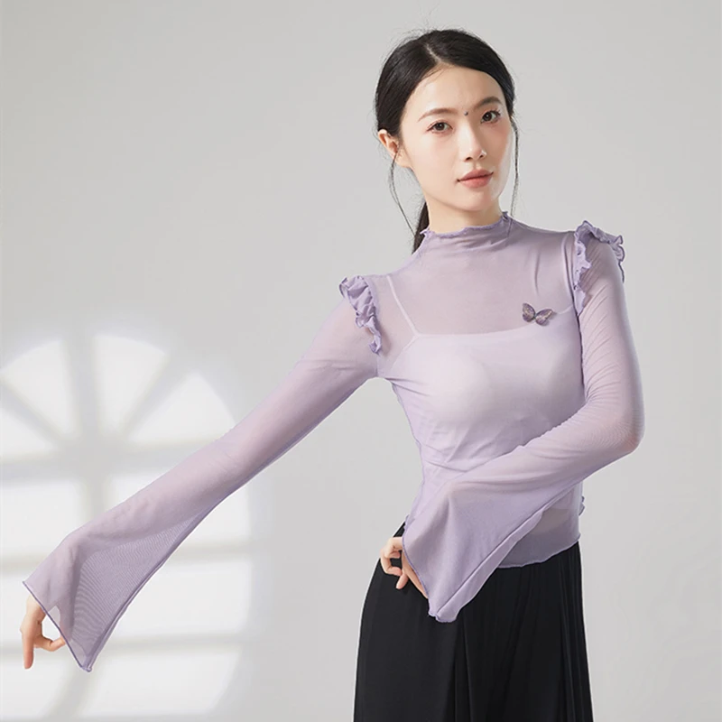 Женский костюм для танцев с длинным рукавом сетчатая рубашка оборками на плечах