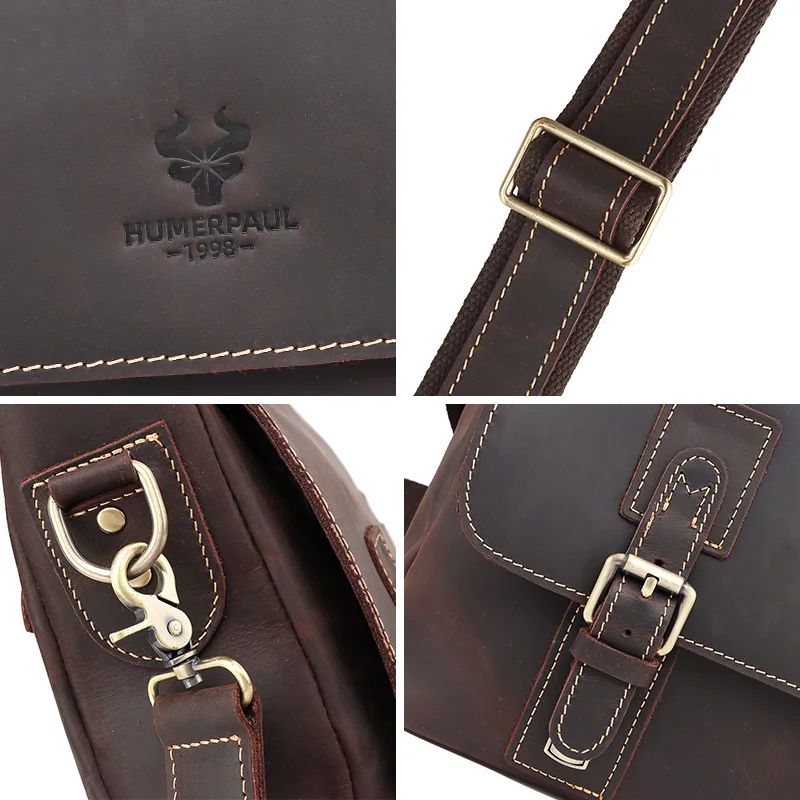 HUMERPAUL Business Briefcase Handbag for Laptop Crazy Horse Leather Messenger Office Bag Large Capacity Male Travel Shoulder Bag
