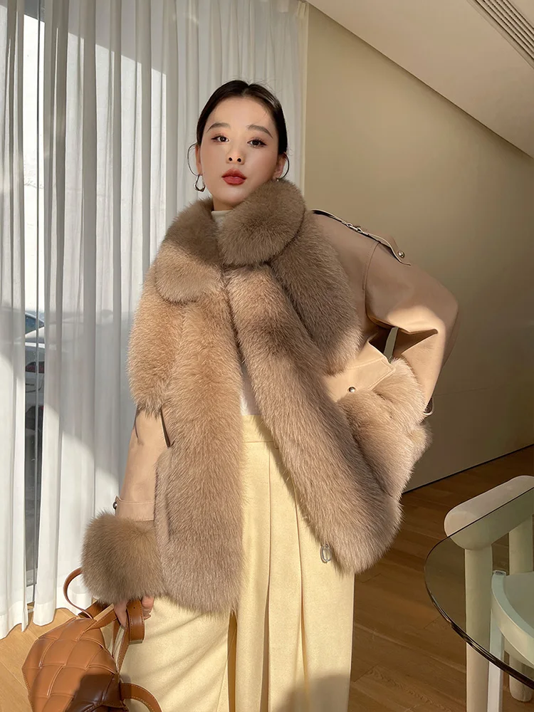 New Women Real Fur Coat Autumn Winter Casual Double-faced Fox Fur Patchwork Sheepskin Fur Jacket Loose Down Liner Outerwear