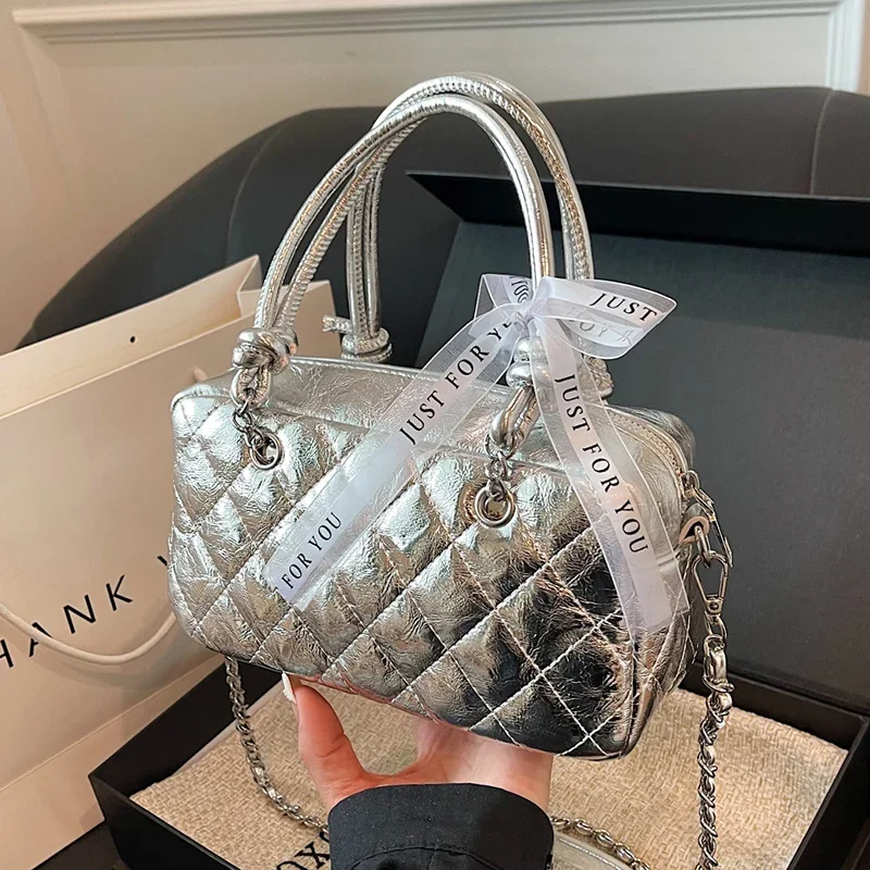 Маленькая серебряная женская сумка на плечо из искусственной кожи с узором через