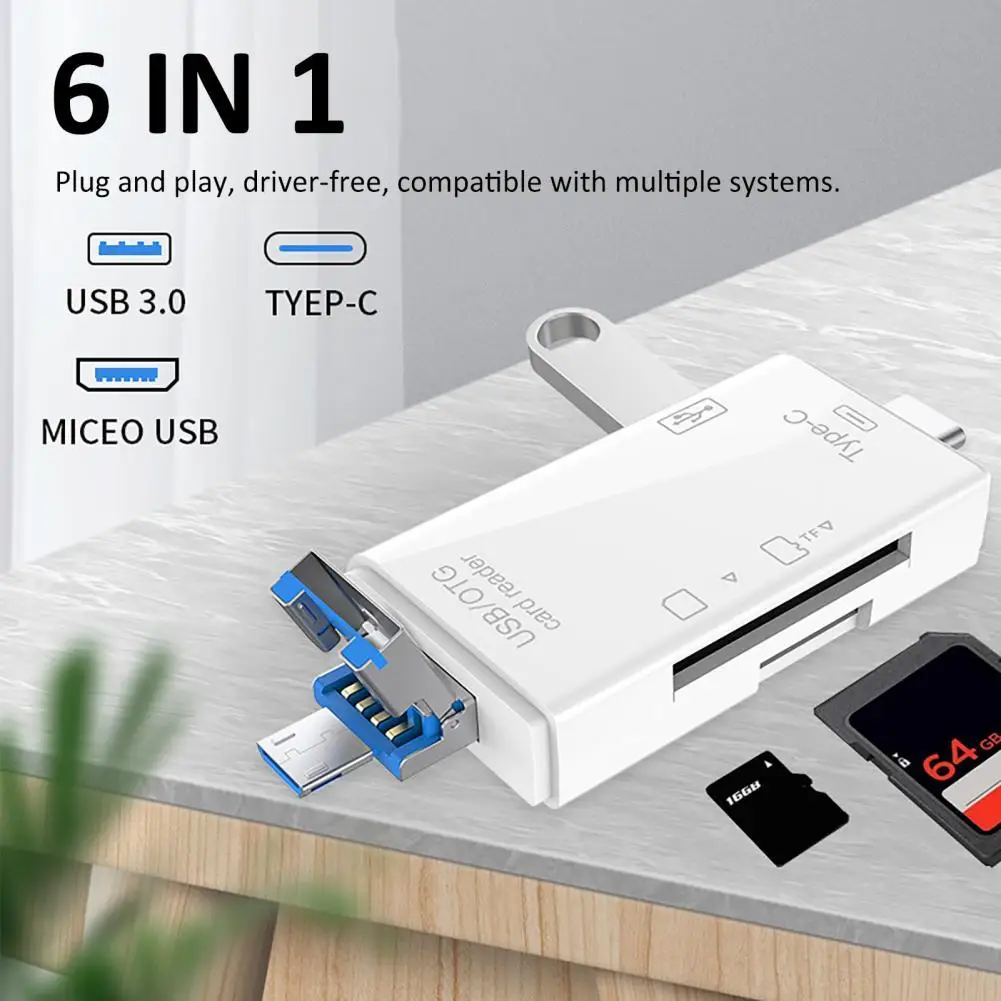 Durable High Quality USB Type-C TF-SD Card Reader OTG Adapter Mini USB 3.0 Card Reader 6 In 1 For Multifunctional Laptop