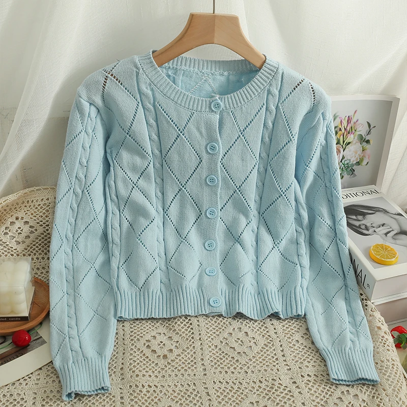 

Hikigawa Chic Fashion Women Vinatge O Neck Sweater Single Breasted Knitted Caigidan Autumn Plaid Long SLeeve Short Top Mujer