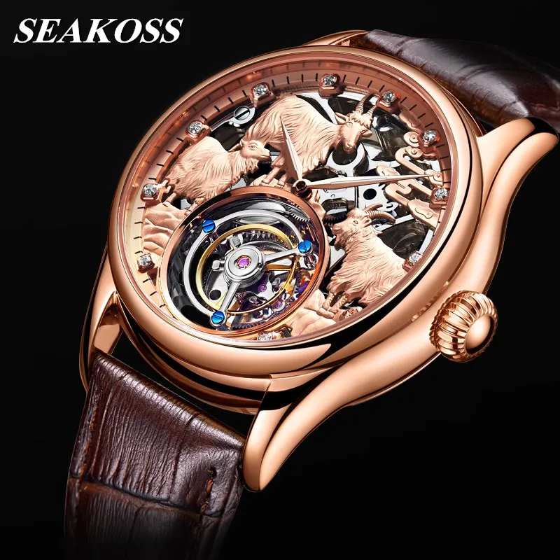 

New Zodiac Sheep Skeleton Mens Tourbillon Watch Top Brand Luxury Tourbillon Clock Men Mechanical Wristwatches Leather Male Watch