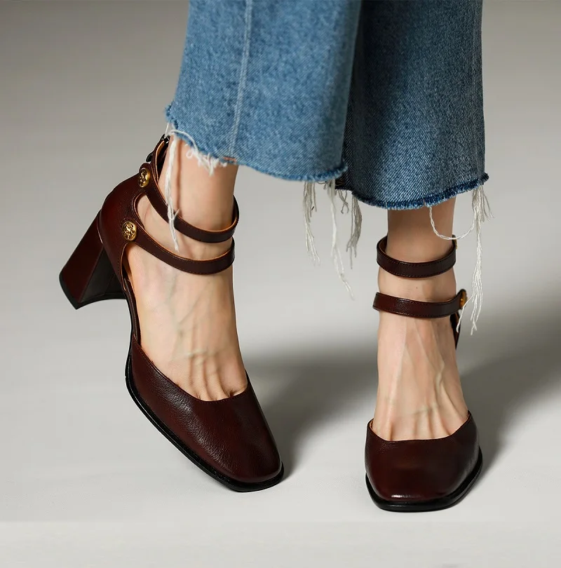 

Women Pumps Cowhide Mary Jane Simple Shoes Two Straps Elegant Ladies Shoes Back Zip Spring Atumn Vintage Pumps Summer Sandals