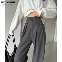 lady pleated wide leg pants for women solid button floor length female pants fashion high waist trousers summer 2022 clothes