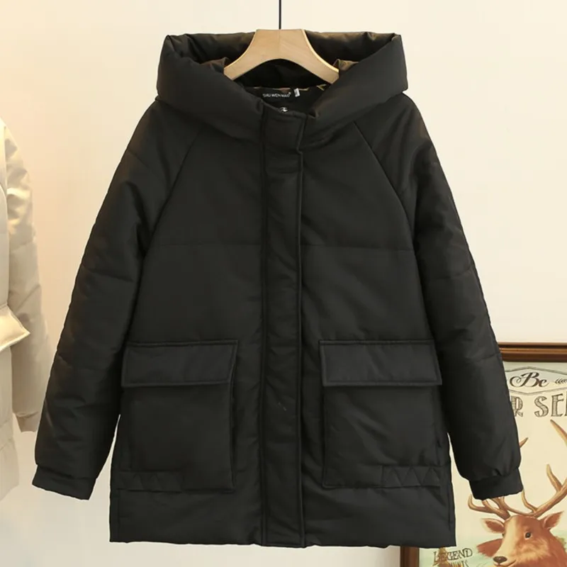 

4XL Plus Size Parka Women Winter Hooded Raglan Sleeve Cotton Padded Coat Loose Simple Solid Color Warm Curve Clothes