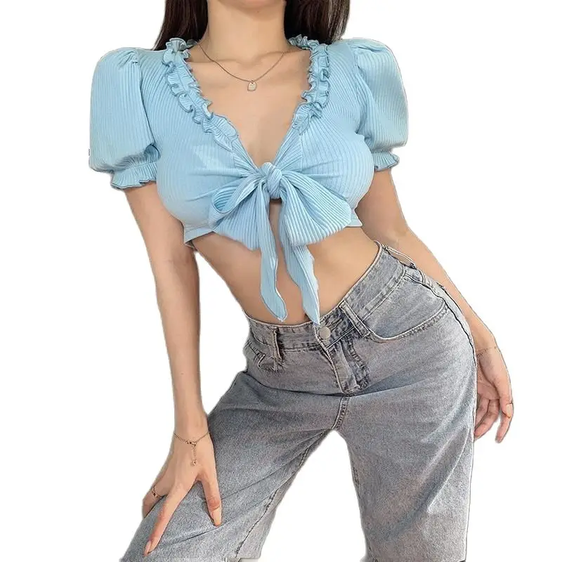 

2022 Corset Top Women New Deep V-Neck T-shirt Bandage Lantern Sleeve Sexy Crop Fashion Streetwear Outfits Club Tees