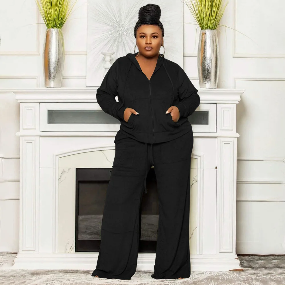 Plus Size Women Sets Hooded Solid Jacket And Wide Leg Pant 2022 Fall Two Piece Set Female Outfit Designer Cloth Winter Tracksuit