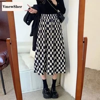 VmewSher New Spring Checkerboard Women Skirt Corduroy Elastic Waist Black White Plaid Lady Elegant Mid-calf Length Long Skirts