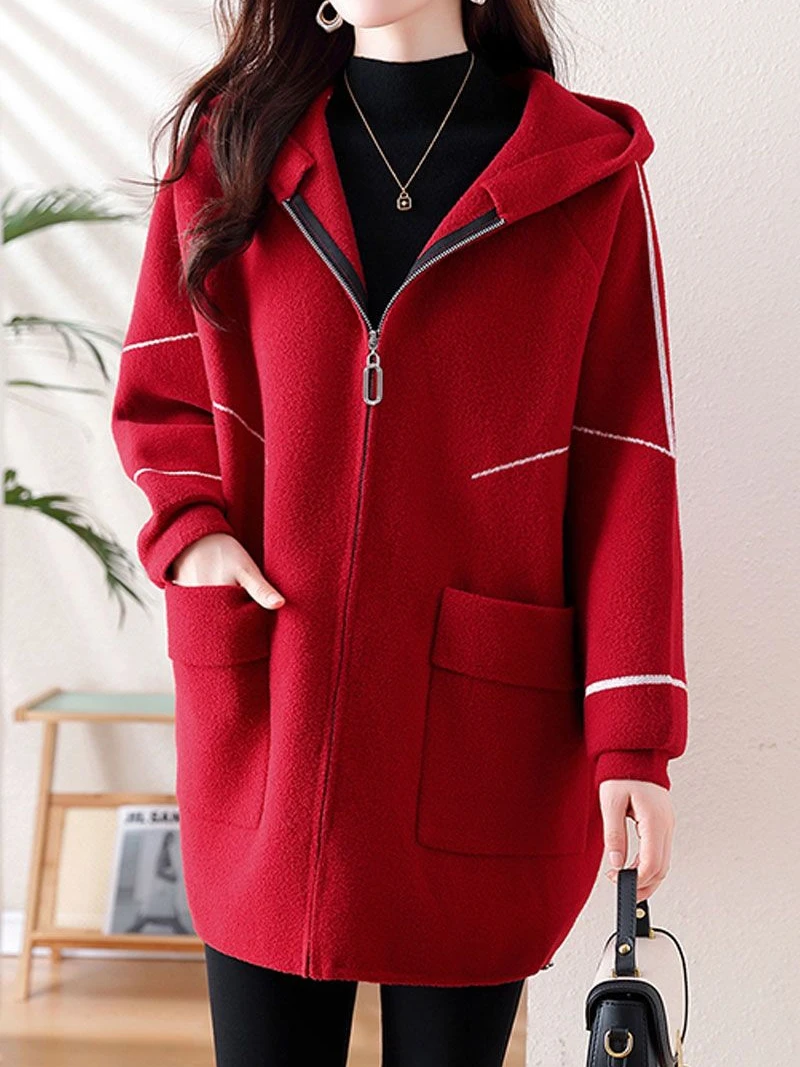 Western Sle High-End Fleece-lined Warm Hoodie Women Winter New Loose Plus size Meat Covering Mid-Length Woolen Jacket