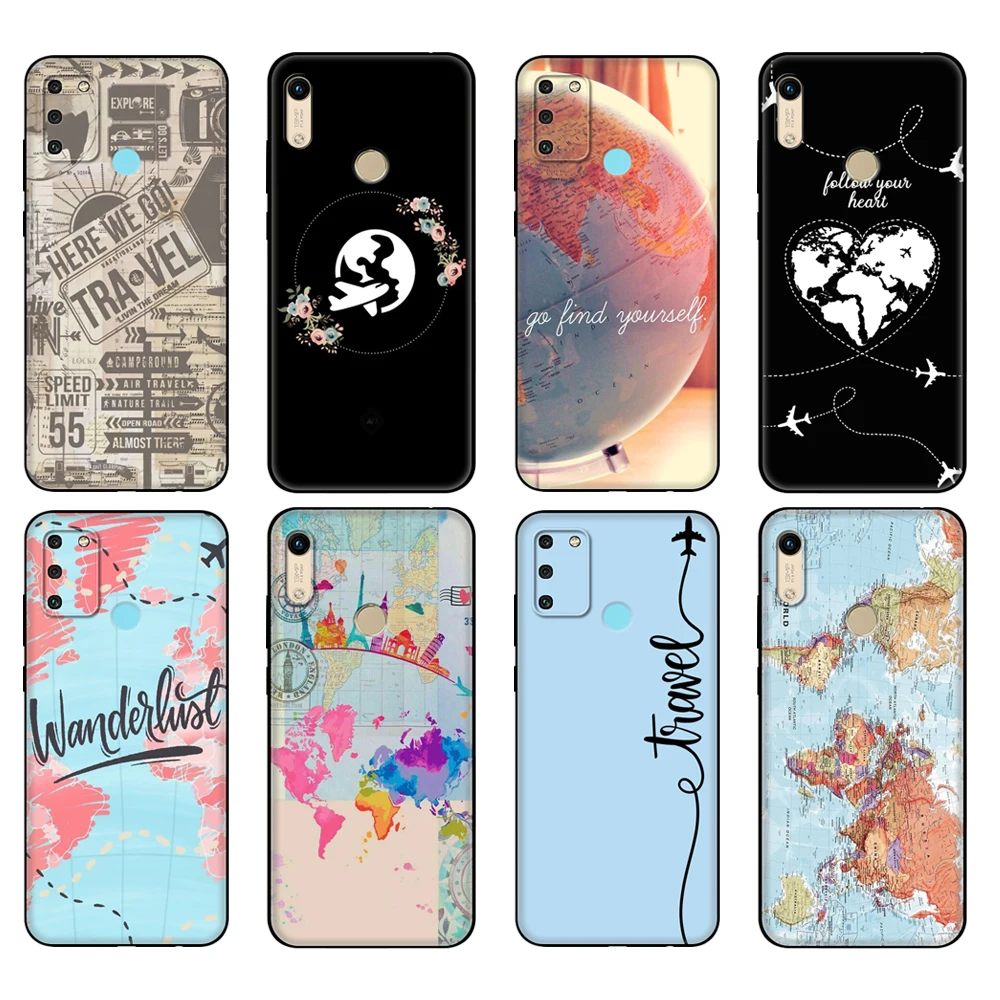 

Black tpu Case For Honor 8a Prime 8s 9 10X Lite 9A 9C 9X Premium Pro 9S Case Cover World Map Travel